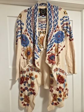 Johnny Was Sampaio Embroidered Wrap Cardigan Ecru XS — Boho Floral Sweater